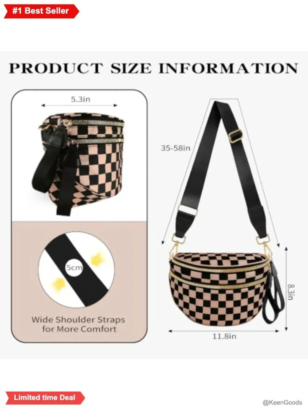 Nylon Crossbody Bum Bag Spacious Fanny Pack Adjustable Strap 3-in-1